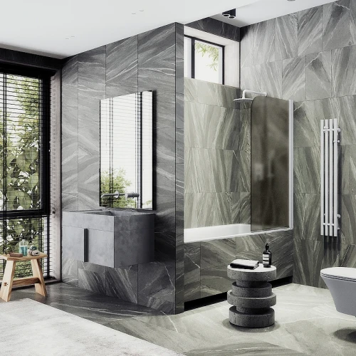 Шторка на ванну Maybah Glass MGV-612-1 600x1400 поворотная на монопетле Белый стекло бронзовое матовое