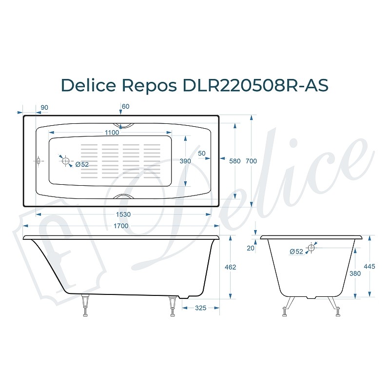 Чугунная ванна Delice Repos 170x70 DLR220508RB-AS с черными матовыми ручками с антискользящим покрытием