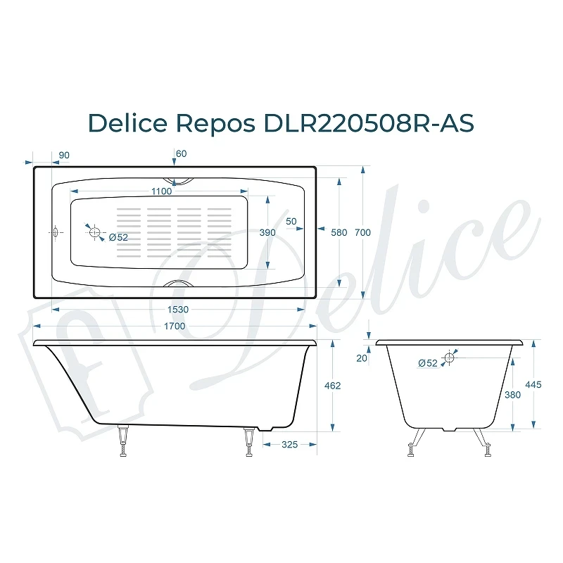 Чугунная ванна Delice Repos 170x70 DLR220508RB-AS с черными матовыми ручками с антискользящим покрытием