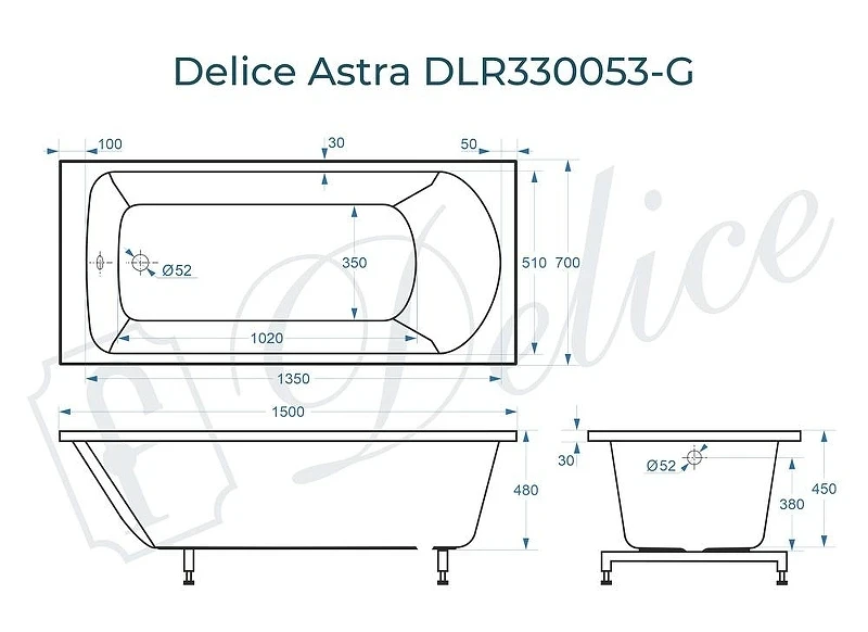 Ванна из искусственного камня Delice Astra 150х70 DLR330053-G цвет Белый глянцевый