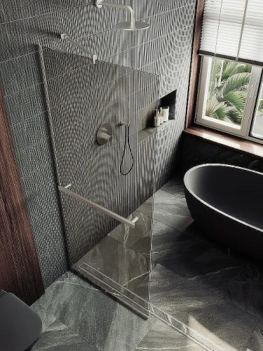 Душевая перегородка Maybah Glass MGD-715-5у 1190х1950 в узком профиле с полотенцедержателем Хром матовый стекло бронзовое