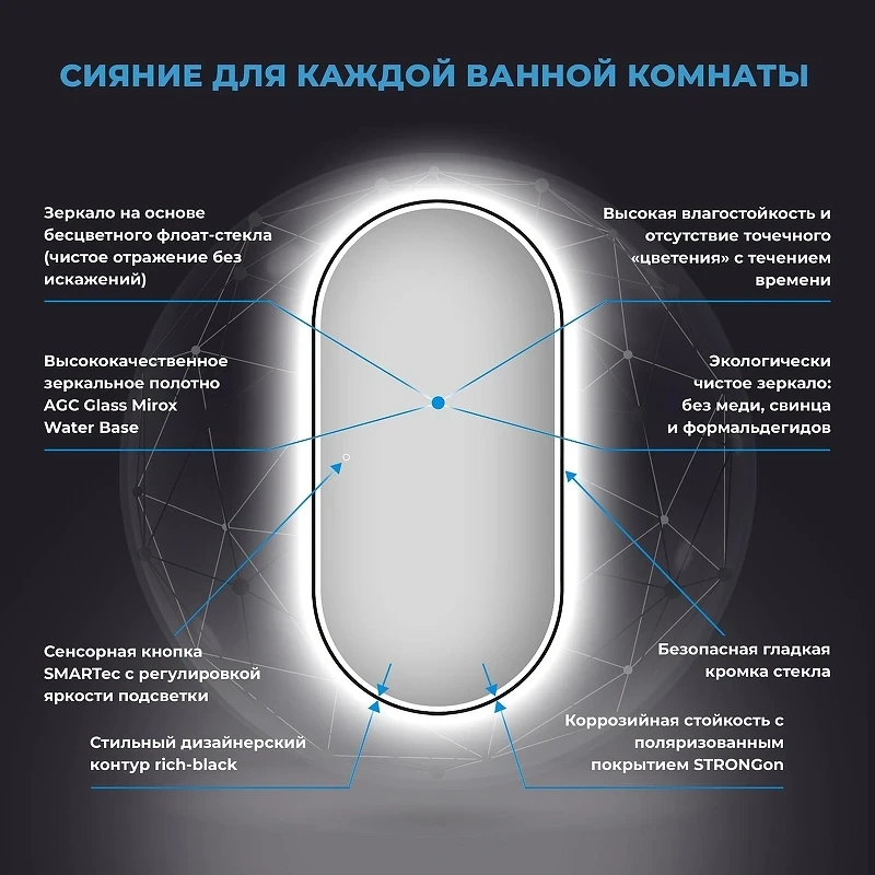 Зеркало Wellsee 7 Rays' Spectrum 55 172201620-172201630 с подсветкой цвет Черный матовый с сенсорным выключателем