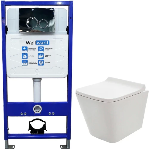 Комплект унитаза AQUAme AQM2004 с инсталляцией WellWant Standart 50 WWISI1110B с сиденьем Микролифт и клавишей смыва Хром глянцевый фаянс подвесной