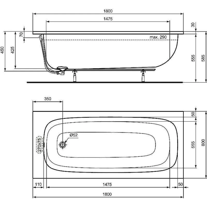 Акриловая ванна Ideal Standard I.Life 180x80 T476201 без гидромассажа