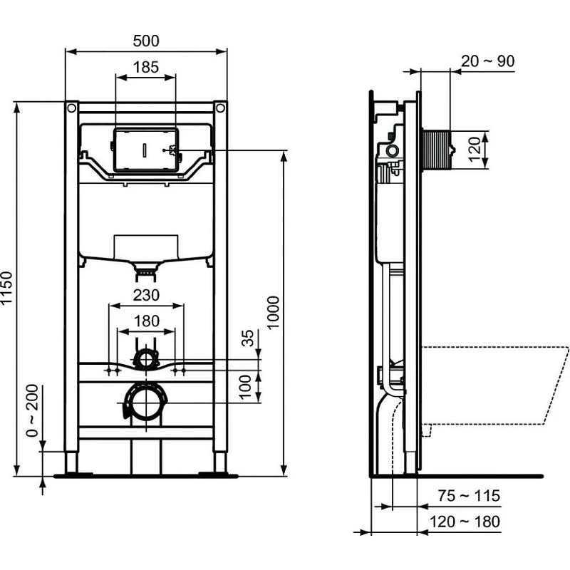 Инсталляция Ideal Standard Prosys TT00007/115A6 для унитаза с Черной матовой клавишей смыва пластик