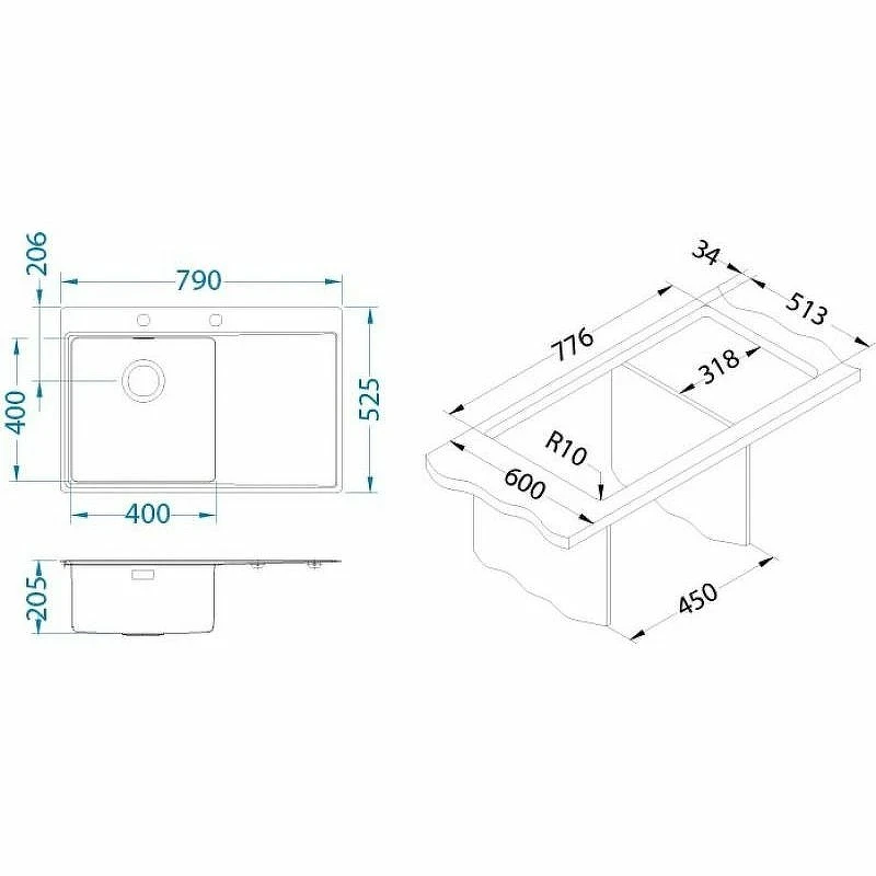 Кухонная мойка Alveus Pure 40R KMB-90 790x525 1103651 Брашированная сталь нержавеющая сталь встраиваемый