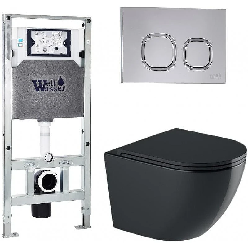 Комплект унитаза с инсталляцией WeltWasser AMBERG 506 ST + MERZBACH 041 XL MT-BL + AMBERG RD-CR 10000010944 цвет Черный матовый с сиденьем Микролифт и клавишей смыва цвет Хром