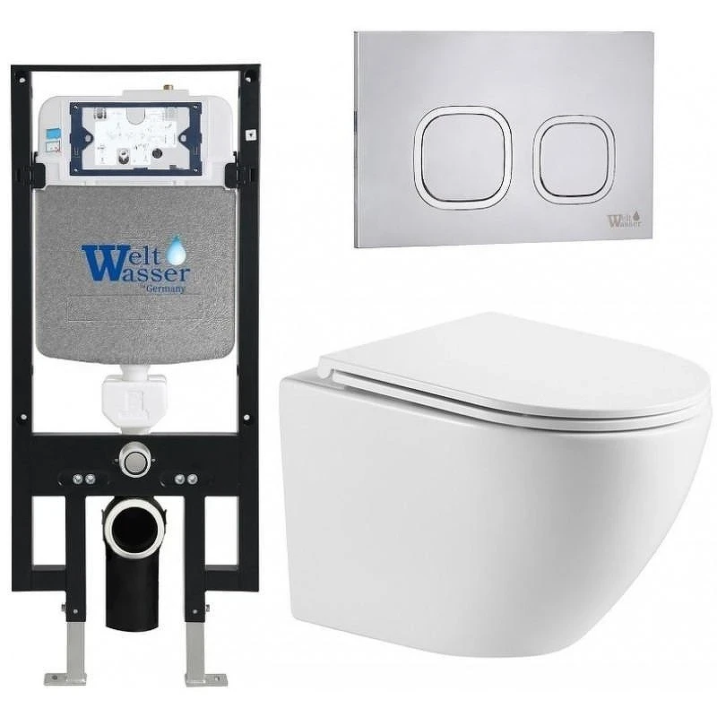 Комплект унитаза с инсталляцией WeltWasser AMBERG 497 + MERZBACH 043 MT-WT + AMBERG RD-MT CR 10000011412 цвет Белый матовый с сиденьем Микролифт и клавишей смыва цвет Хром матовый