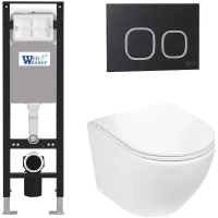 Комплект унитаза с инсталляцией WeltWasser AMBERG 350 + MERZBACH 043 GL-WT + AMBERG RD-BL 10000012374 цвет Белый глянцевый с сиденьем Микролифт и клавишей смыва цвет Черный