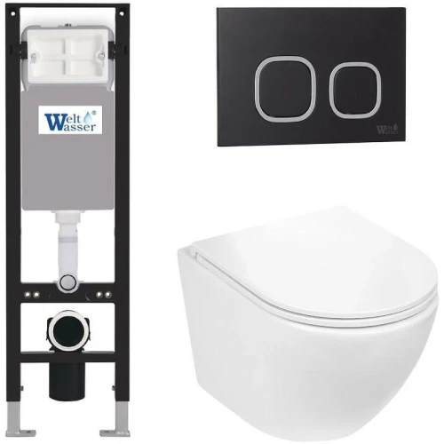 Комплект унитаза с инсталляцией WeltWasser AMBERG 350 + MERZBACH 043 GL-WT + AMBERG RD-BL 10000012374 цвет Белый глянцевый с сиденьем Микролифт и клавишей смыва цвет Черный