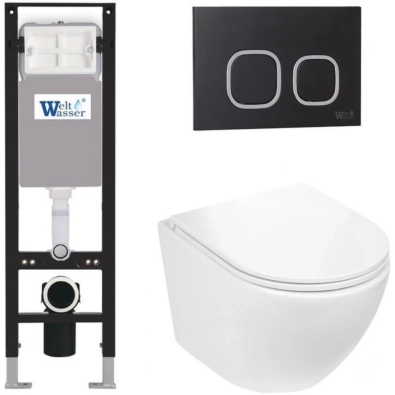 Комплект унитаза с инсталляцией WeltWasser AMBERG 350 + MERZBACH 043 GL-WT + AMBERG RD-BL 10000012374 цвет Белый глянцевый с сиденьем Микролифт и клавишей смыва цвет Черный