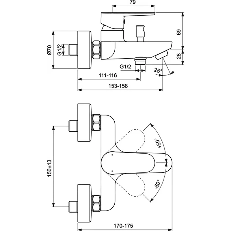 Смеситель для ванны Ideal Standard Tyria BC157HS Черный матовый Хром латунь на стену