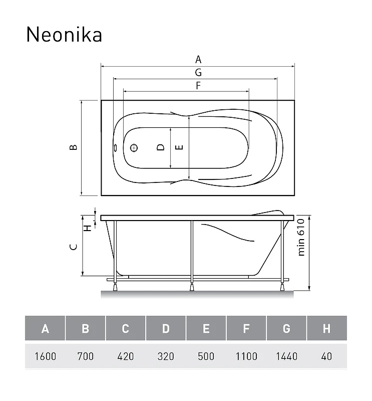 Акриловая ванна Relisan Neonika 160x70 Гл000000977 без гидромассажа