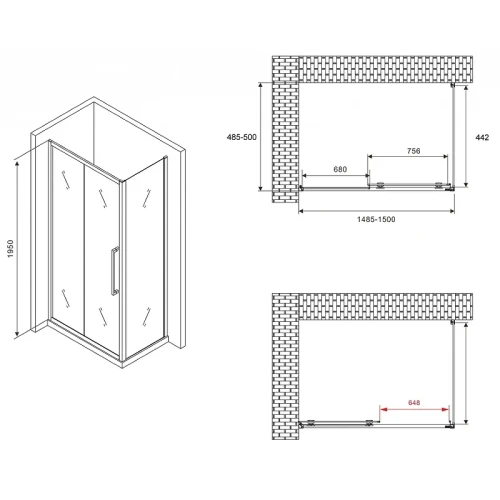 Душевой уголок Abber Schwarzer Diamant 150x50 AG30150H-S50 профиль Хром стекло прозрачное