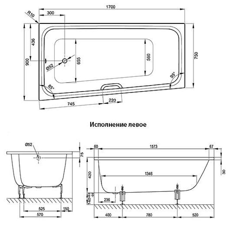 Стальная ванна Bette Space M 170х90 L 1131-000AS цвет Белый с шумоизоляцией и антискользящим покрытием