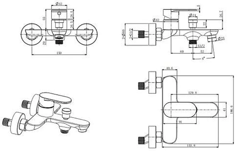 Смеситель для ванны Splendy Rest RE203N2K215CR цвет Хром
