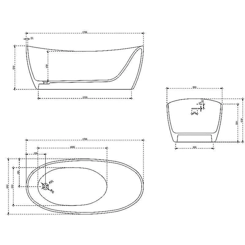 Ванна из искусственного камня Vincea 170x80 VBT-6S03MW Белая матовая без гидромассажа