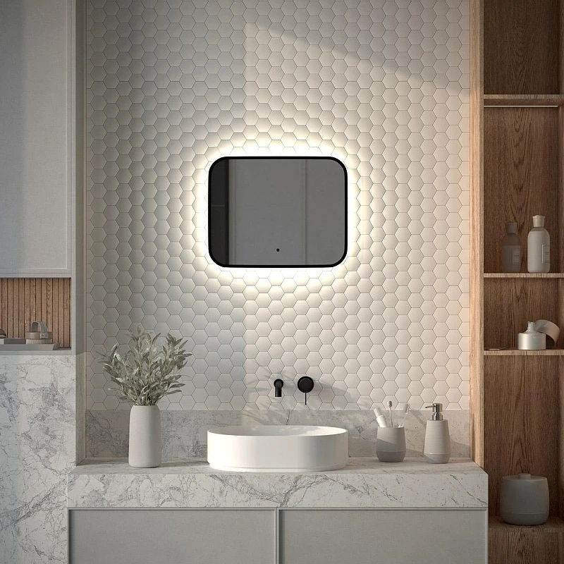 Зеркало Defesto Aura 50х40 DF 2961RH с подсветкой 15W-4500K/ИК - выключатель/Нейтральный белый свет/Черная рама