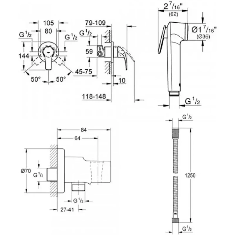 Гигиенический душ со смесителем Grohe BauCurve 129185 цвет Хром