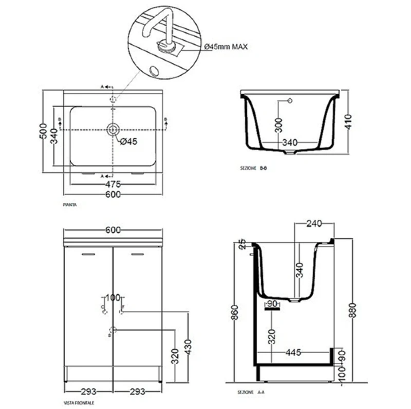 Тумба с хозяйственной раковиной Kerasan Aquadom 60 9166K3*1 Белая с отверстием под смеситель МДФ / ЛДСП