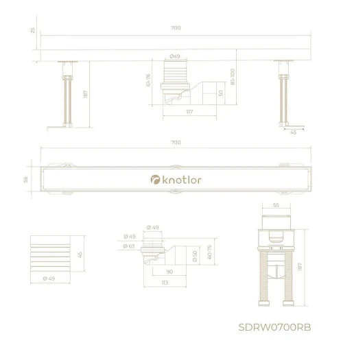 Душевой лоток Knotlor Земля 70 SDRW0700RB с решеткой цвет Бронза