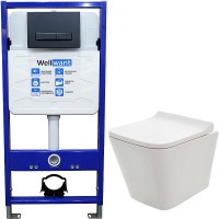 Комплект унитаза AQUAme AQM2004 с инсталляцией WellWant Standart 50 WWISI111BB с сиденьем Микролифт и Черной матовой клавишей смыва фаянс подвесной