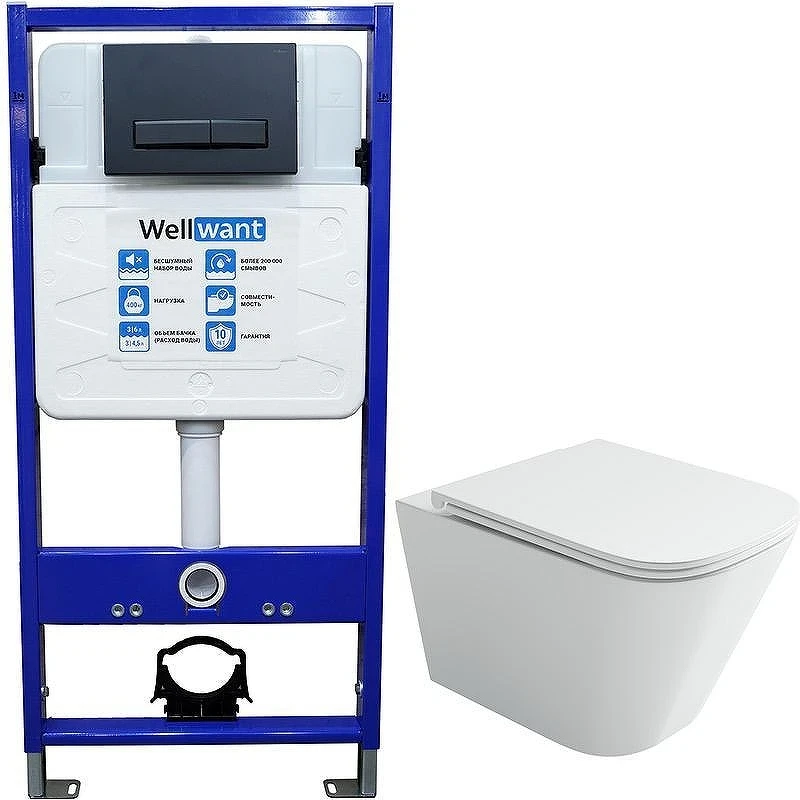 Унитаз с инсталляцией Ceramicanova Union CN4009T + WellWant Standart 50 WWISI111BB с сиденьем Микролифт и Черной матовой клавишей смыва