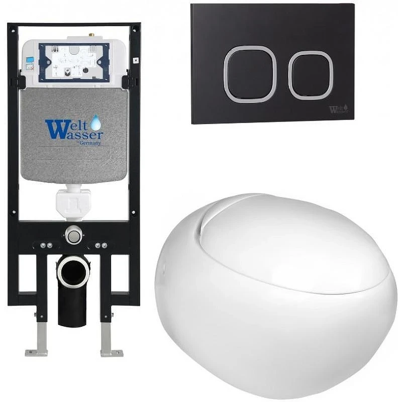 Комплект унитаза с инсталляцией WeltWasser AMBERG 497 + JECKENBACH 004 GL-WT + AMBERG RD-BL 10000006623 цвет Белый глянцевый с сиденьем Микролифт и клавишей смыва цвет Черный