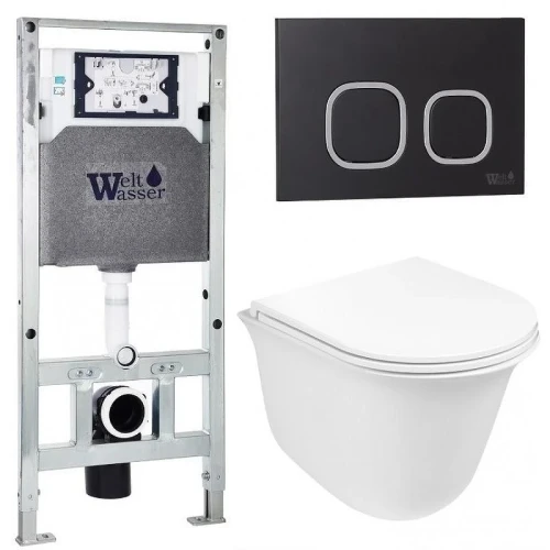 Комплект унитаза с инсталляцией WeltWasser AMBERG 506 ST + TELBACH 004 GL-WT + AMBERG RD-BL 10000006939 цвет Белый глянцевый с сиденьем Микролифт и клавишей смыва цвет Черный