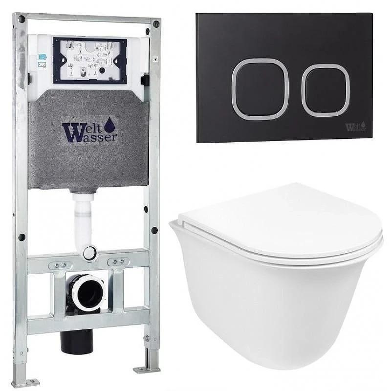 Комплект унитаза с инсталляцией WeltWasser AMBERG 506 ST + TELBACH 004 GL-WT + AMBERG RD-BL 10000006939 цвет Белый глянцевый с сиденьем Микролифт и клавишей смыва цвет Черный