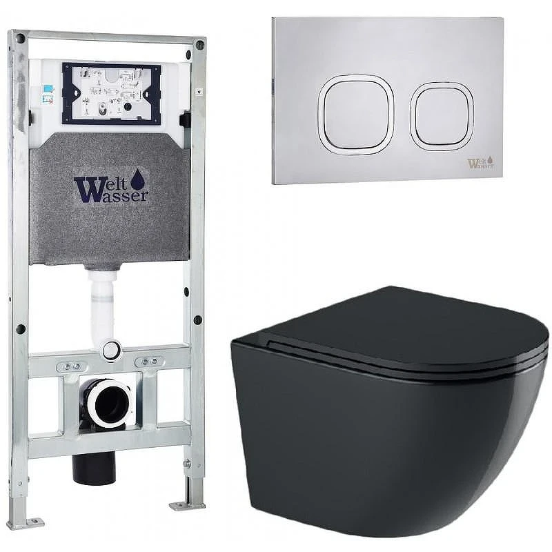 Комплект унитаза с инсталляцией WeltWasser AMBERG 506 ST + MERZBACH 041 XL MT-BL + AMBERG RD-MT CR 10000010945 цвет Черный матовый с сиденьем Микролифт и клавишей смыва цвет Хром матовый