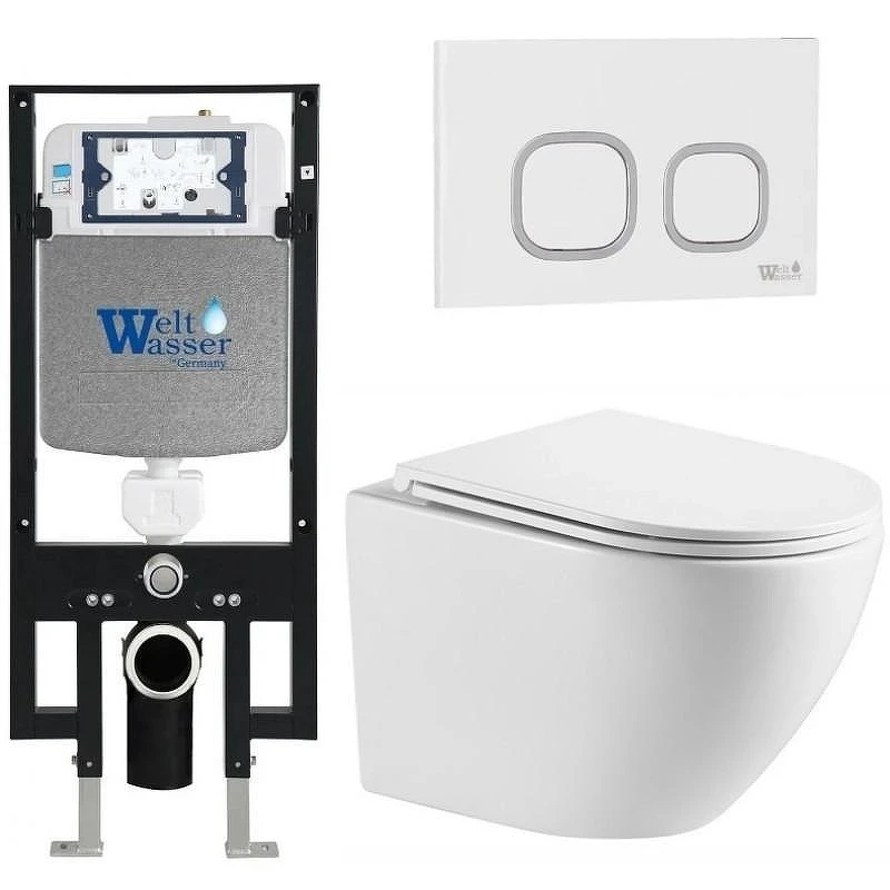 Комплект унитаза с инсталляцией WeltWasser AMBERG 497 + MERZBACH 043 MT-WT + AMBERG RD-WT 10000011413 цвет Белый матовый с сиденьем Микролифт и клавишей смыва цвет Белый