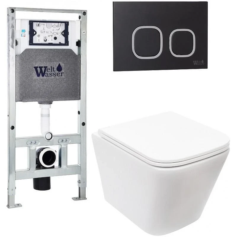 Комплект унитаза с инсталляцией WeltWasser AMBERG 506 ST + GELBACH 043 MT-WT + AMBERG RD-BL 10000011906 цвет Белый матовый с сиденьем Микролифт и клавишей смыва цвет Черный