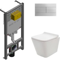 Комплект унитаза AQUAme AQM2004 с сиденьем Микролифт и инсталляцией Jacob Delafon E29025-NF+E4316-CP с клавишей смыва Хром фаянс подвесной