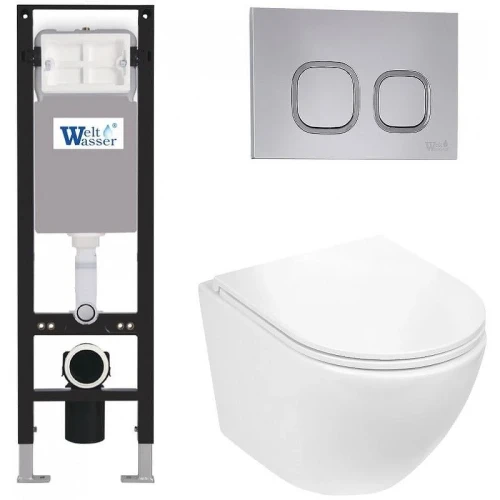 Комплект унитаза с инсталляцией WeltWasser AMBERG 350 + MERZBACH 043 GL-WT + AMBERG RD-CR 10000012375 цвет Белый глянцевый с сиденьем Микролифт и клавишей смыва цвет Хром