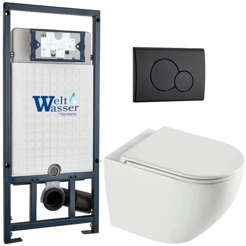 Комплект унитаза с инсталляцией WeltWasser MARBERG 507 + MERZBACH 043 XL GL-WT + MAR 507 RD MT-BL 10000013806 цвет Белый глянцевый с сиденьем Микролифт и клавишей смыва цвет Черный матовый