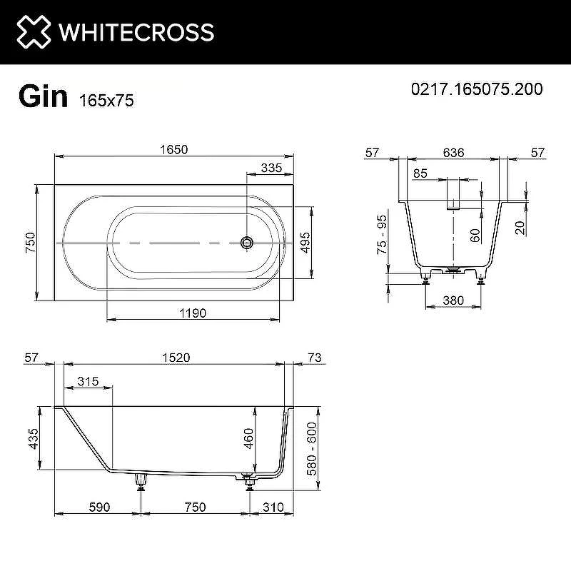 Ванна из искусственного камня Whitecross Gin 165x75 0217.165075.200 Белая матовая без гидромассажа