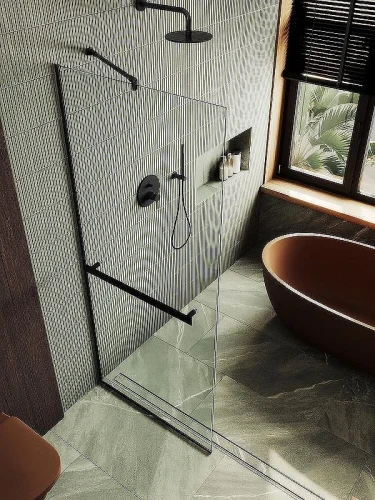 Душевая перегородка Maybah Glass MGD-726-6у 790x1950 в узком профиле Черный стекло прозрачное