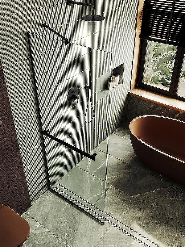 Душевая перегородка Maybah Glass MGD-726-6у 790x1950 в узком профиле Черный стекло прозрачное