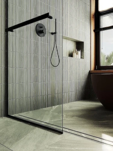 Душевая перегородка Maybah Glass MGD-726-6у 790x1950 в узком профиле Черный стекло прозрачное