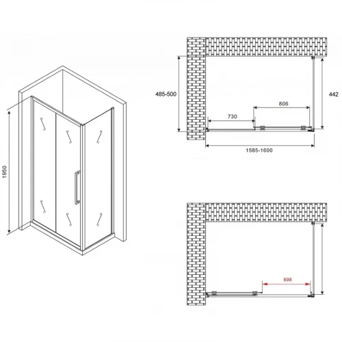 Душевой уголок Abber Schwarzer Diamant 160x50 AG30160H-S50 профиль Хром стекло прозрачное
