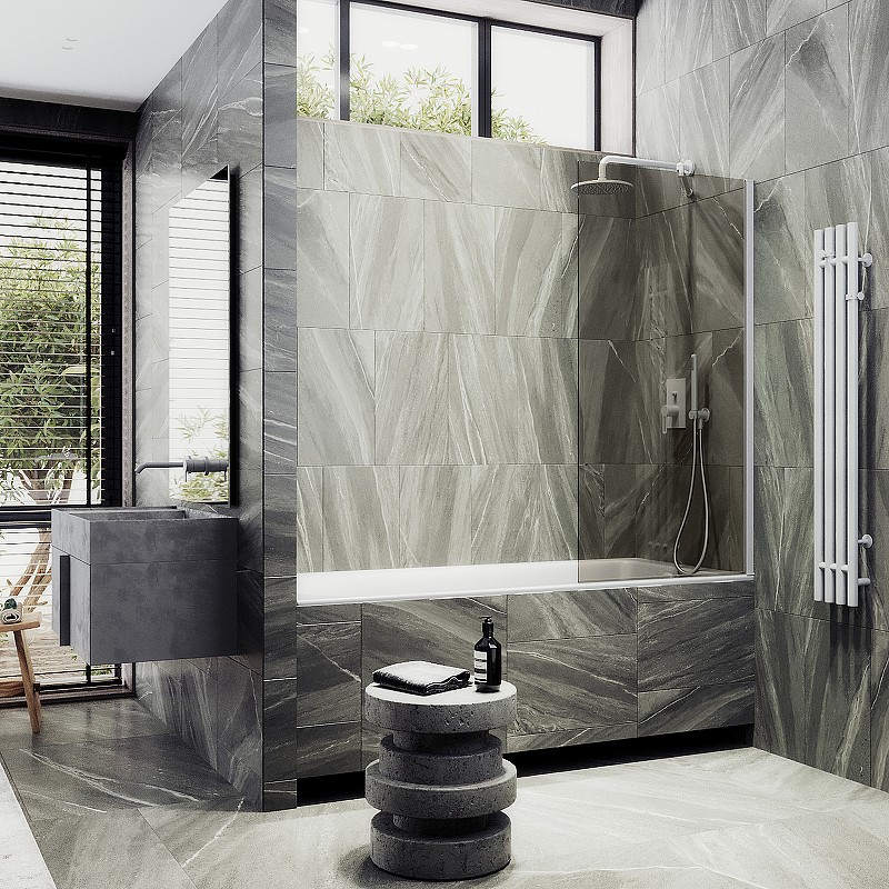Шторка на ванну Maybah Glass MGV-71-1ш 900x1400 в широком профиле Белый стекло бронзовое