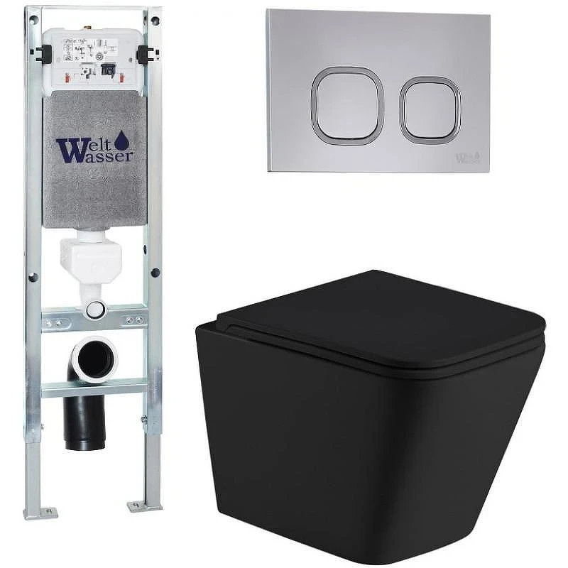 Комплект унитаза с инсталляцией WeltWasser AMBERG 350 ST + GELBACH 043 MT-BL + AMBERG RD-CR 10000011971 цвет Черный матовый с сиденьем Микролифт и клавишей смыва цвет Хром