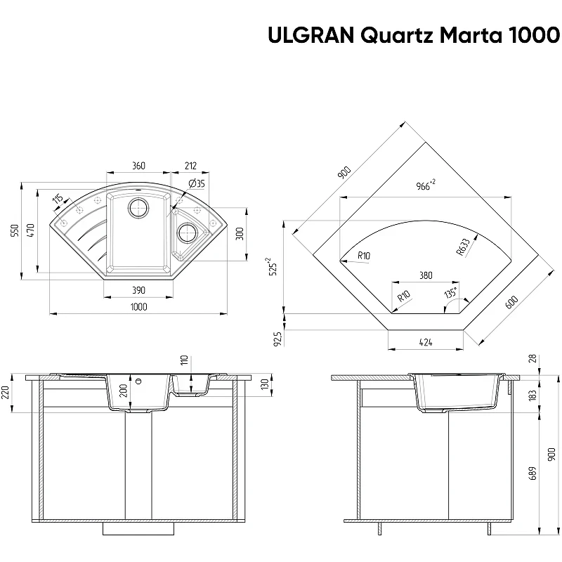Кухонная мойка Ulgran Quartz Marta 1000-02 Лен искусственный камень (литьевой мрамор) встраиваемый