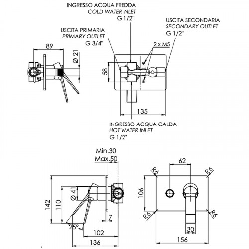 Смеситель для душа Remer Slash SL09HRG Хром латунь встраиваемый