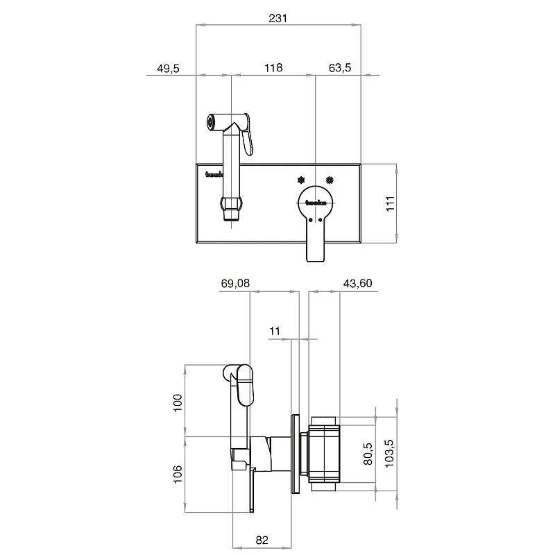 Гигиенический душ со смесителем Teska Elsa BTK6420B Хром Черное стекло латунь встраиваемый
