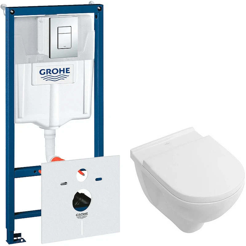 Комплект унитаза Villeroy&Boch O Novo 5660H101 с инсталляцией Grohe Rapid SL 38775001 с сиденьем Микролифт и клавишей смыва Хром