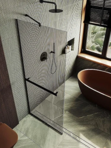 Душевая перегородка Maybah Glass MGD-715-6у 1190х1950 в узком профиле с полотенцедержателем Черный стекло бронзовое