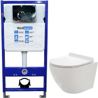 Комплект унитаза AQUAme AQM2002 с инсталляцией WellWant Standart 50 WWISI1110B с сиденьем Микролифт и клавишей смыва Хром глянцевый фаянс подвесной