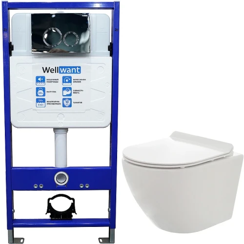 Комплект унитаза AQUAme AQM2002 с инсталляцией WellWant Standart 50 WWISI1110B с сиденьем Микролифт и клавишей смыва Хром глянцевый фаянс подвесной
